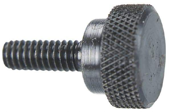 Morton Machine Works - #4-40 Knurled Shoulder Grade C-12L14 Steel Thumb Screw - 9/16" OAL, 3/8" Head Diam x 3/16" Head Height, Black Oxide Finish - USA Tool & Supply