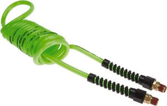 Coilhose Pneumatics - 1/4" ID, 1/4 Thread, 10' Long, Neon Green Polyurethane Coiled & Self Storing Hose - 125 Max psi, Male Swivel x Male Swivel with Strain Relief - USA Tool & Supply