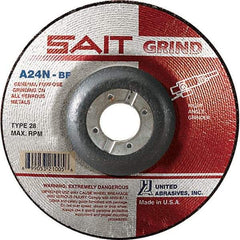 Sait - 24 Grit, 4-1/2" Wheel Diam, 1/4" Wheel Thickness, 7/8" Arbor Hole, Type 28 Depressed Center Wheel - Aluminum Oxide, Resinoid Bond, N Hardness, 13,300 Max RPM, Compatible with Angle Grinder - USA Tool & Supply