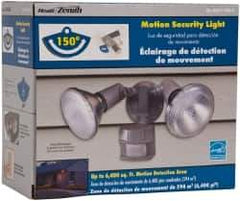 Heath/Zenith - 2 Head, 70 Ft. Detection, 150° Angle, Halogen Lamp Motion Sensing Light Fixture - 300 Watt, Metal, Plastic Gray Housing, Wall, Eave Mounted, 6.9 Inch Long x 3-1/4 Inch Wide x 6.1 Inch High - USA Tool & Supply