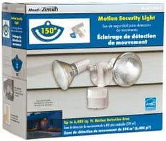 Heath/Zenith - 2 Head, 70 Ft. Detection, 150° Angle, Halogen Lamp Motion Sensing Light Fixture - 300 Watt, Metal, Plastic White Housing, Wall, Eave Mounted, 6.9 Inch Long x 3-1/4 Inch Wide x 6.1 Inch High - USA Tool & Supply