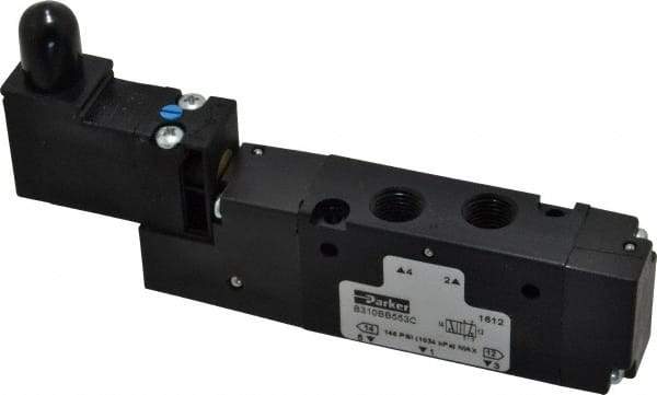 Parker - 1/8", 4-Way Body Ported Stacking Solenoid Valve - 120 VAC, 0.75 CV Rate, Air Return, 2.14" High x 4.67" Long - USA Tool & Supply