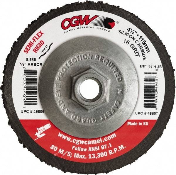 Camel Grinding Wheels - 4-1/2" Diam 5/8-11 Threaded Hole 36 Grit Fiber Disc - Medium Grade, Silicon Carbide, 13,300 Max RPM - USA Tool & Supply