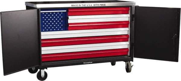 Strong Hold - 3,200 Lb Capacity, 8 Drawer, 2 Door Tool Cart - 60" Wide x 24" Deep x 50" High, Steel, Black/Red/White/Blue - USA Tool & Supply