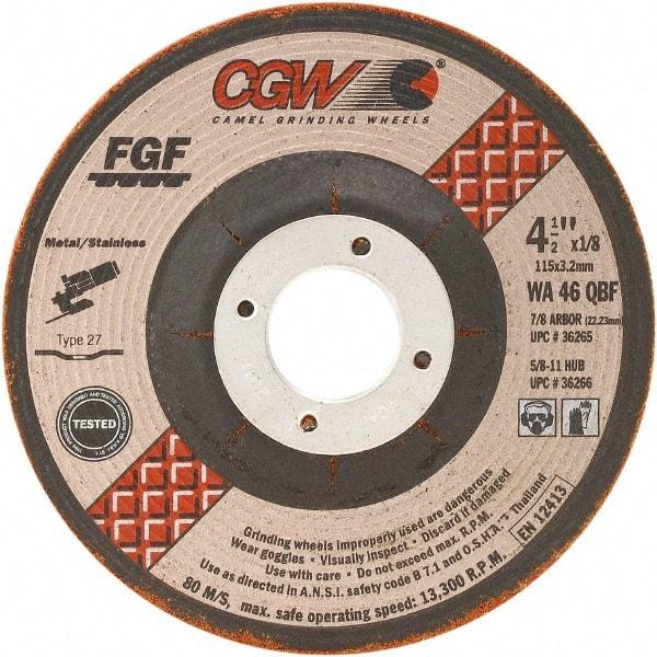 Camel Grinding Wheels - 46 Grit, 4-1/2" Wheel Diam, 1/8" Wheel Thickness, Type 27 Depressed Center Wheel - Medium Grade, Aluminum Oxide, Resinoid Bond, 13,300 Max RPM - USA Tool & Supply