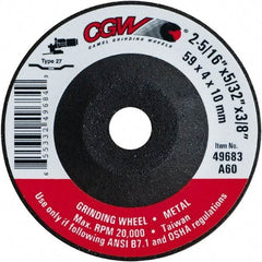 Camel Grinding Wheels - 60 Grit, 2-5/16" Wheel Diam, 5/32" Wheel Thickness, 3/8" Arbor Hole, Type 27 Depressed Center Wheel - Medium Grade, Aluminum Oxide, Resinoid Bond, 20,000 Max RPM - USA Tool & Supply