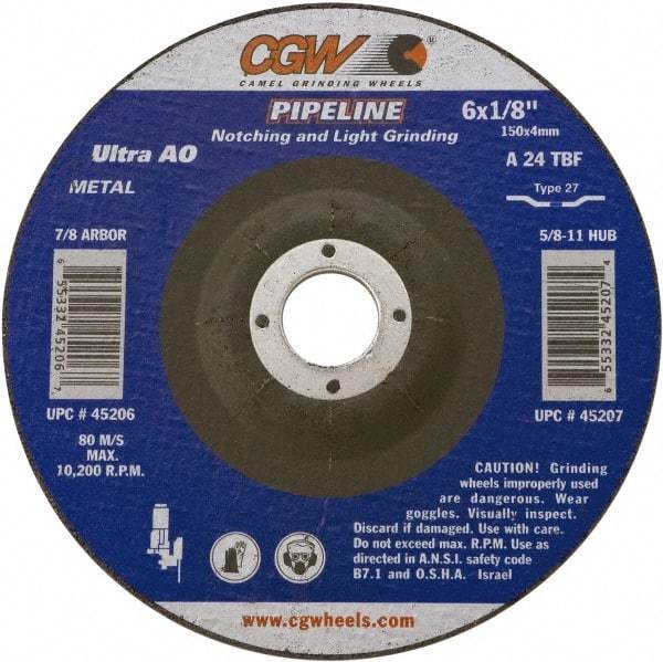 Camel Grinding Wheels - 24 Grit, 6" Wheel Diam, 1/8" Wheel Thickness, Type 27 Depressed Center Wheel - Coarse Grade, Aluminum Oxide, Resinoid Bond, 10,200 Max RPM - USA Tool & Supply