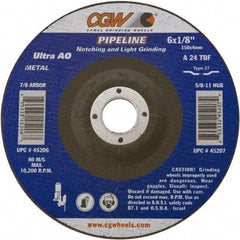 Camel Grinding Wheels - 24 Grit, 6" Wheel Diam, 1/8" Wheel Thickness, Type 27 Depressed Center Wheel - Coarse Grade, Aluminum Oxide, Resinoid Bond, 10,200 Max RPM - USA Tool & Supply