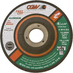 Camel Grinding Wheels - 30 Grit, 5" Wheel Diam, 1/4" Wheel Thickness, 7/8" Arbor Hole, Type 27 Depressed Center Wheel - Medium Grade, Aluminum Oxide, Resinoid Bond, 12,250 Max RPM - USA Tool & Supply