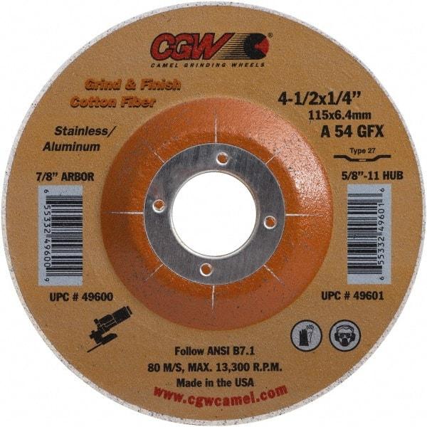 Camel Grinding Wheels - 54 Grit, 4-1/2" Wheel Diam, 1/4" Wheel Thickness, 7/8" Arbor Hole, Type 27 Depressed Center Wheel - Medium Grade, Aluminum Oxide, 13,300 Max RPM - USA Tool & Supply