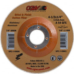 Camel Grinding Wheels - 54 Grit, 4-1/2" Wheel Diam, 1/4" Wheel Thickness, 7/8" Arbor Hole, Type 27 Depressed Center Wheel - Medium Grade, Aluminum Oxide, 13,300 Max RPM - USA Tool & Supply