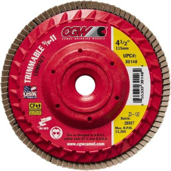 Camel Grinding Wheels - 120 Grit, 4-1/2" Disc Diam, 5/8-11 Center Hole, Compact Zirconia Alumina Flap Disc - 13,300 Max RPM, Poly Cotton Backing, Arbor Attaching System, Coated - USA Tool & Supply