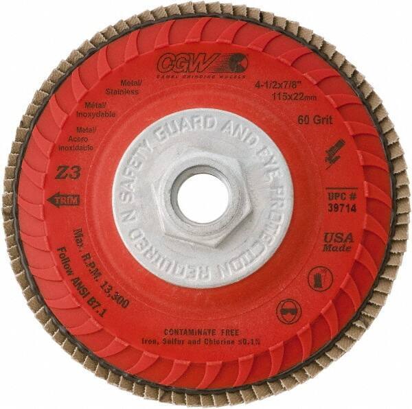 Camel Grinding Wheels - 120 Grit, 5" Disc Diam, 5/8-11 Center Hole, Compact Zirconia Alumina Flap Disc - 12,200 Max RPM, Poly Cotton Backing, Arbor Attaching System, Coated - USA Tool & Supply
