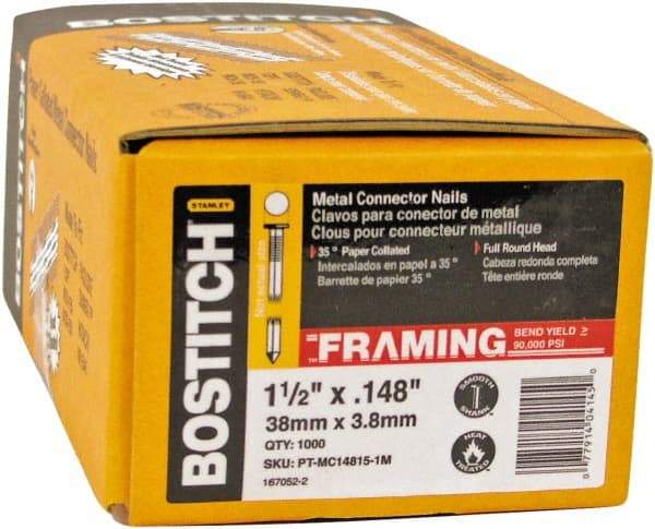 Stanley Bostitch - 16 Gauge 0.0598" Shank Diam 2-1/2" Long Metal Connecting Nails for Power Nailers - Steel, Galvanized Finish, Smooth Shank, Angled Stick Paper Tape Collation, Round Head - USA Tool & Supply