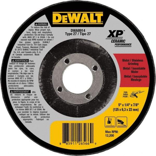 DeWALT - 5" Wheel Diam, 1/4" Wheel Thickness, 7/8" Arbor Hole, Type 27 Depressed Center Wheel - Medium Grade, Ceramic, 12,200 Max RPM - USA Tool & Supply
