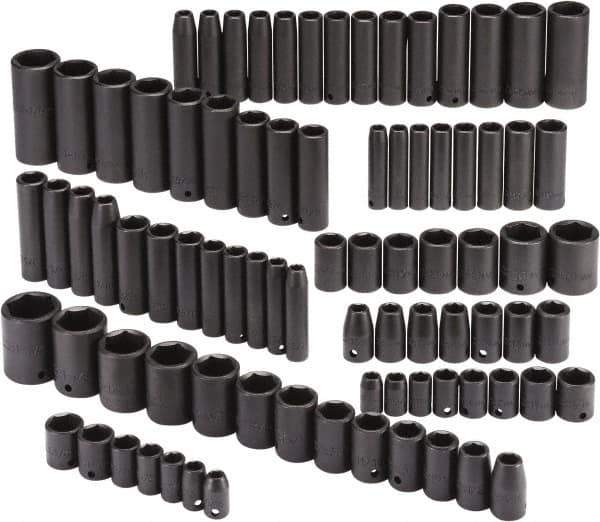 Proto - 86 Piece 3/8" & 1/2" Drive Black Finish Deep Well Impact Socket Set - 6 Points, 5/16" to 1-1/4" (9mm to 27mm) Range, Inch/Metric Measurement Standard - USA Tool & Supply