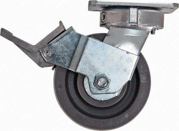 Caster Connection - 5" Diam x 2" Wide x 6-1/2" OAH Top Plate Mount Swivel Caster with Brake - Nylon, 1,250 Lb Capacity, Sealed Precision Ball Bearing, 4 x 4-1/2" Plate - USA Tool & Supply