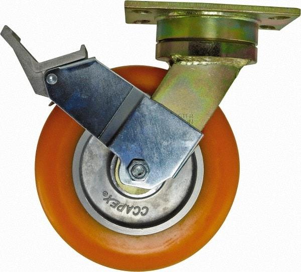 Caster Connection - 8" Diam x 2" Wide x 10-1/8" OAH Top Plate Mount Swivel Caster with Brake - Polyurethane, 1,200 Lb Capacity, Sealed Precision Ball Bearing, 4-1/2 x 6-1/4" Plate - USA Tool & Supply