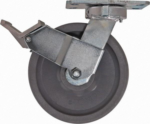 Caster Connection - 8" Diam x 2" Wide x 9-1/2" OAH Top Plate Mount Swivel Caster with Brake - Nylon, 2,000 Lb Capacity, Sealed Precision Ball Bearing, 4-1/2 x 6-1/4" Plate - USA Tool & Supply