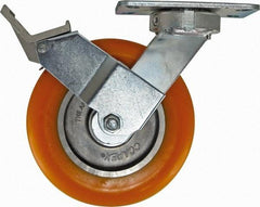 Caster Connection - 8" Diam x 2" Wide x 9-1/2" OAH Top Plate Mount Swivel Caster with Brake - Polyurethane, 1,200 Lb Capacity, Sealed Precision Ball Bearing, 4-1/2 x 6-1/4" Plate - USA Tool & Supply