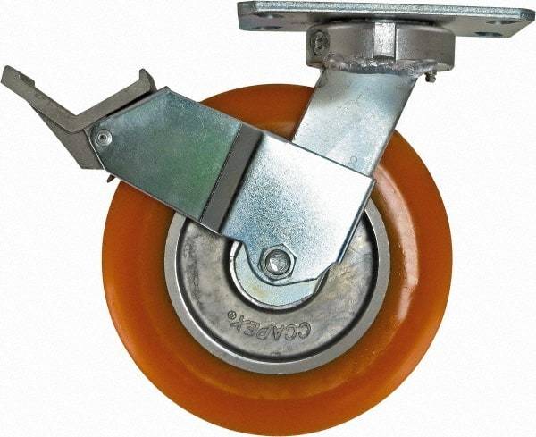Caster Connection - 8" Diam x 2" Wide x 9-1/2" OAH Top Plate Mount Swivel Caster with Brake - Polyurethane, 1,200 Lb Capacity, Sealed Precision Ball Bearing, 4-1/2 x 6-1/4" Plate - USA Tool & Supply
