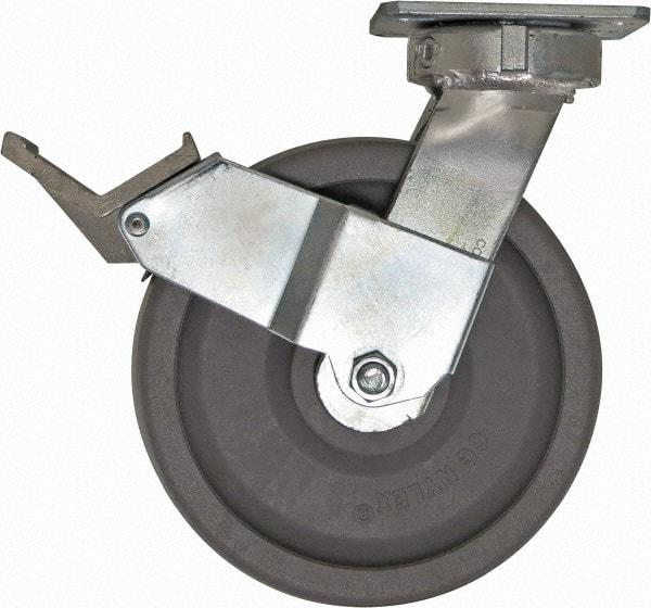 Caster Connection - 8" Diam x 2" Wide x 10-1/8" OAH Top Plate Mount Swivel Caster with Brake - Nylon, 2,000 Lb Capacity, Sealed Precision Ball Bearing, 4 x 4-1/2" Plate - USA Tool & Supply