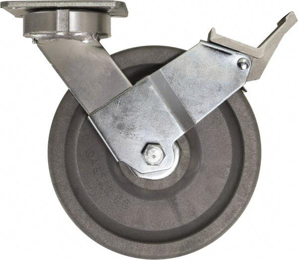 Caster Connection - 8" Diam x 2" Wide x 9-1/2" OAH Top Plate Mount Swivel Caster with Brake - Nylon, 2,000 Lb Capacity, Sealed Precision Ball Bearing, 4 x 4-1/2" Plate - USA Tool & Supply