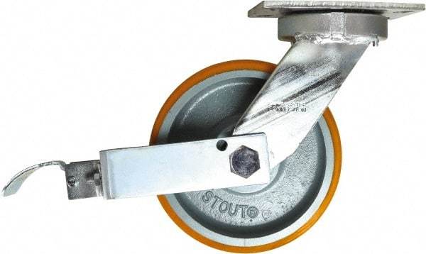Caster Connection - 8" Diam x 3" Wide x 10-1/8" OAH Top Plate Mount Swivel Caster with Brake - Polyurethane, 2,500 Lb Capacity, Sealed Precision Ball Bearing, 4-1/2 x 6-1/4" Plate - USA Tool & Supply