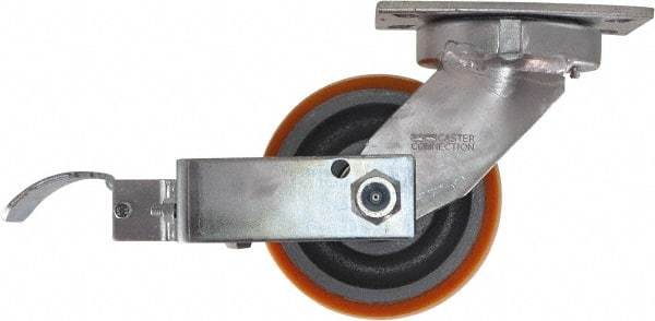 Caster Connection - 6" Diam x 3" Wide x 7-1/2" OAH Top Plate Mount Swivel Caster with Brake - Polyurethane, 2,300 Lb Capacity, Sealed Precision Ball Bearing, 4-1/2 x 6-1/4" Plate - USA Tool & Supply