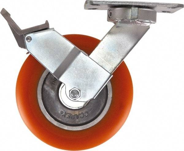 Caster Connection - 8" Diam x 2" Wide x 10-1/8" OAH Top Plate Mount Swivel Caster with Brake - Polyurethane, 1,200 Lb Capacity, Sealed Precision Ball Bearing, 4-1/2 x 6-1/4" Plate - USA Tool & Supply