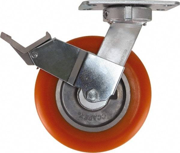 Caster Connection - 8" Diam x 2" Wide x 10-1/8" OAH Top Plate Mount Swivel Caster with Brake - Polyurethane, 1,200 Lb Capacity, Sealed Precision Ball Bearing, 4-1/2 x 6-1/4" Plate - USA Tool & Supply