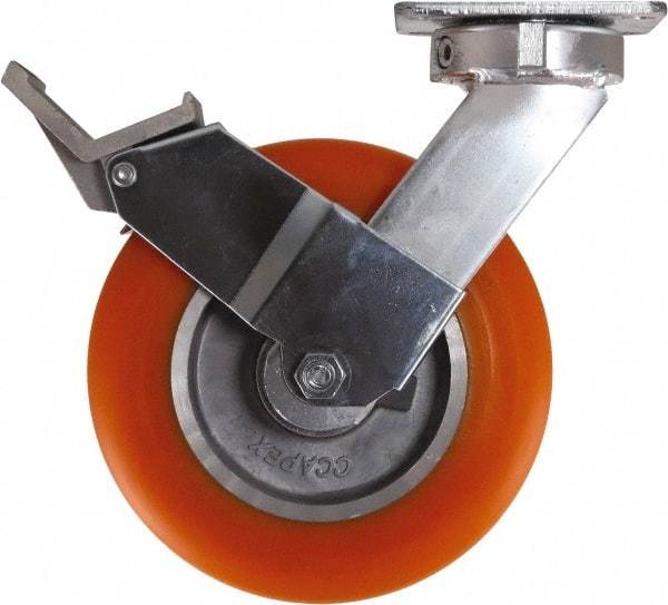 Caster Connection - 8" Diam x 2" Wide x 10-1/8" OAH Top Plate Mount Swivel Caster with Brake - Polyurethane, 1,200 Lb Capacity, Sealed Precision Ball Bearing, 4 x 4-1/2" Plate - USA Tool & Supply