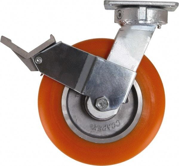 Caster Connection - 8" Diam x 2" Wide x 10-1/8" OAH Top Plate Mount Swivel Caster with Brake - Polyurethane, 1,200 Lb Capacity, Sealed Precision Ball Bearing, 4 x 4-1/2" Plate - USA Tool & Supply