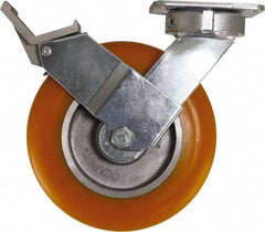 Caster Connection - 8" Diam x 2" Wide x 9-1/2" OAH Top Plate Mount Swivel Caster with Brake - Polyurethane, 1,200 Lb Capacity, Sealed Precision Ball Bearing, 4 x 4-1/2" Plate - USA Tool & Supply