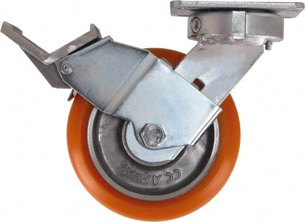 Caster Connection - 6" Diam x 2" Wide x 7-1/2" OAH Top Plate Mount Swivel Caster with Brake - Polyurethane, 1,000 Lb Capacity, Sealed Precision Ball Bearing, 4 x 4-1/2" Plate - USA Tool & Supply