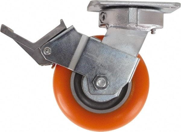 Caster Connection - 5" Diam x 2" Wide x 6-1/2" OAH Top Plate Mount Swivel Caster with Brake - Polyurethane, 750 Lb Capacity, Sealed Precision Ball Bearing, 4 x 4-1/2" Plate - USA Tool & Supply