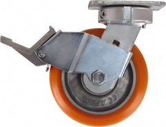 Caster Connection - 6" Diam x 2" Wide x 7-1/2" OAH Top Plate Mount Swivel Caster with Brake - Polyurethane, 1,000 Lb Capacity, Sealed Precision Ball Bearing, 4 x 4-1/2" Plate - USA Tool & Supply
