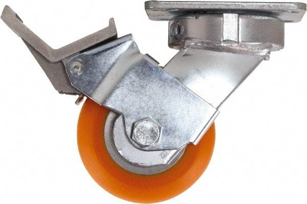 Caster Connection - 4" Diam x 2" Wide x 5-5/8" OAH Top Plate Mount Swivel Caster with Brake - Polyurethane, 700 Lb Capacity, Sealed Precision Ball Bearing, 4 x 4-1/2" Plate - USA Tool & Supply