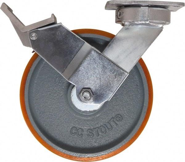 Caster Connection - 8" Diam x 2" Wide x 9-1/2" OAH Top Plate Mount Swivel Caster with Brake - Polyurethane, 1,500 Lb Capacity, Sealed Precision Ball Bearing, 4 x 4-1/2" Plate - USA Tool & Supply