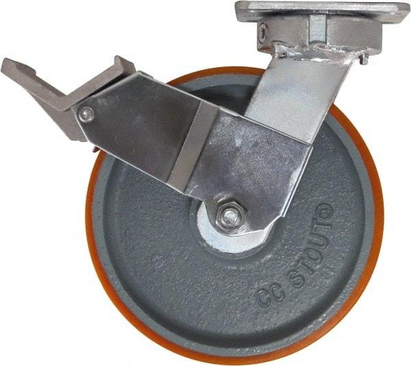 Caster Connection - 8" Diam x 2" Wide x 9-1/2" OAH Top Plate Mount Swivel Caster with Brake - Polyurethane, 1,500 Lb Capacity, Sealed Precision Ball Bearing, 4 x 4-1/2" Plate - USA Tool & Supply