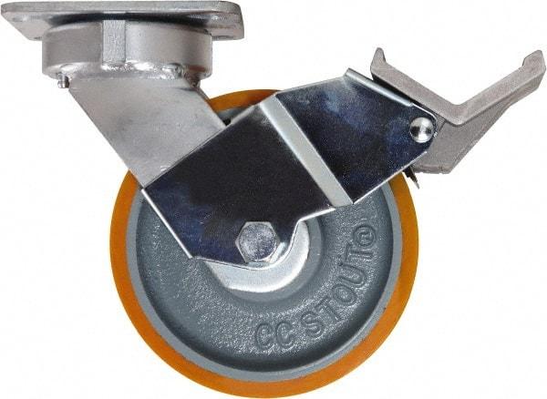 Caster Connection - 6" Diam x 2" Wide x 7-1/2" OAH Top Plate Mount Swivel Caster with Brake - Polyurethane, 1,250 Lb Capacity, Sealed Precision Ball Bearing, 4 x 4-1/2" Plate - USA Tool & Supply