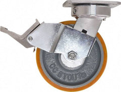 Caster Connection - 6" Diam x 2" Wide x 7-1/2" OAH Top Plate Mount Swivel Caster with Brake - Polyurethane, 1,250 Lb Capacity, Sealed Precision Ball Bearing, 4 x 4-1/2" Plate - USA Tool & Supply