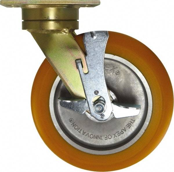 Caster Connection - 10" Diam x 2" Wide x 12" OAH Top Plate Mount Swivel Caster with Brake - Polyurethane, 1,500 Lb Capacity, Sealed Precision Ball Bearing, 4-1/2 x 6-1/4" Plate - USA Tool & Supply