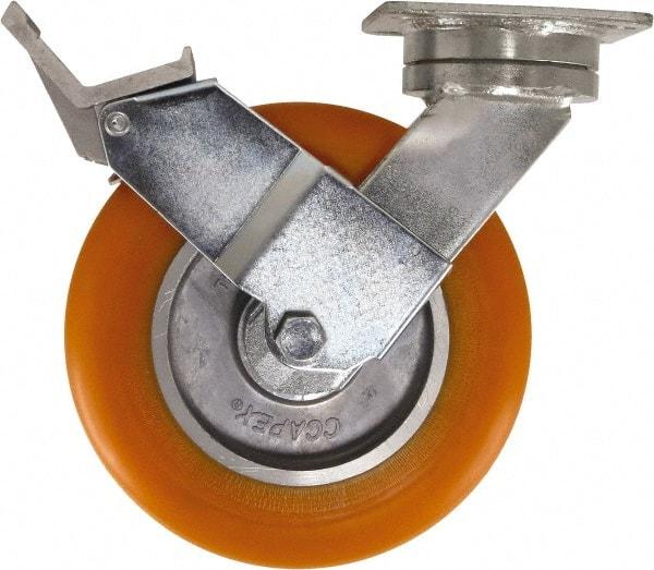 Caster Connection - 8" Diam x 2" Wide x 9-1/2" OAH Top Plate Mount Swivel Caster with Brake - Polyurethane, 1,200 Lb Capacity, Sealed Precision Ball Bearing, 4 x 4-1/2" Plate - USA Tool & Supply