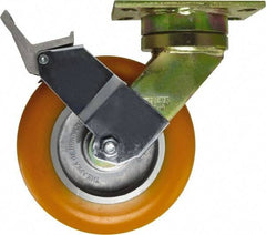 Caster Connection - 8" Diam x 1-1/4" Wide x 10-1/8" OAH Top Plate Mount Swivel Caster with Brake - Polyurethane, 1,200 Lb Capacity, Sealed Precision Ball Bearing, 4-1/2 x 6-1/4" Plate - USA Tool & Supply
