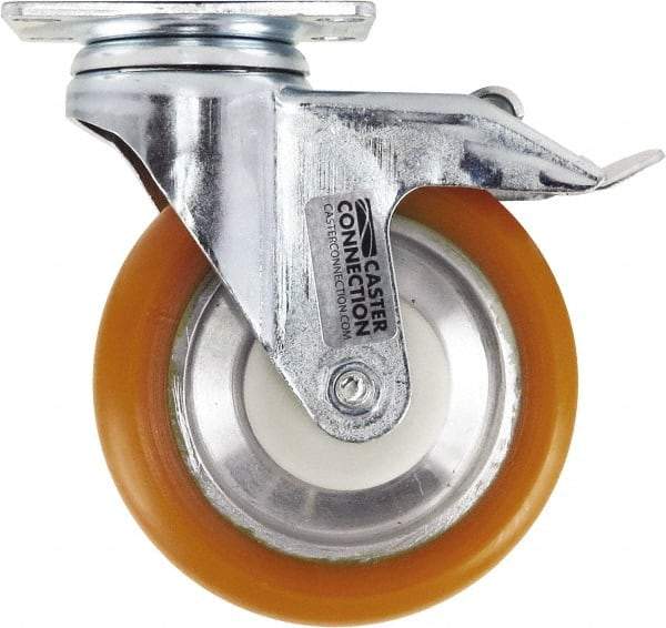 Caster Connection - 5" Diam x 1-1/4" Wide x 6-1/4" OAH Top Plate Mount Swivel Caster with Brake - Polyurethane, 450 Lb Capacity, Sealed Precision Ball Bearing, 2-3/8 x 3-5/8" Plate - USA Tool & Supply