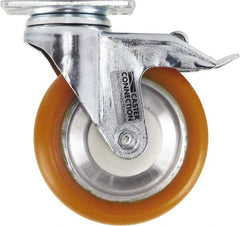 Caster Connection - 5" Diam x 1-1/4" Wide x 6-1/4" OAH Top Plate Mount Swivel Caster with Brake - Polyurethane, 450 Lb Capacity, Sealed Precision Ball Bearing, 2-3/8 x 3-5/8" Plate - USA Tool & Supply