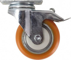 Caster Connection - 4" Diam x 1-1/4" Wide x 5-1/8" OAH Top Plate Mount Swivel Caster with Brake - Polyurethane, 400 Lb Capacity, Sealed Precision Ball Bearing, 2-3/8 x 3-5/8" Plate - USA Tool & Supply