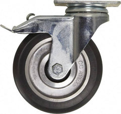 Caster Connection - 5" Diam x 1-1/4" Wide x 6-1/4" OAH Top Plate Mount Swivel Caster with Brake - Polyurethane, 450 Lb Capacity, Sealed Precision Ball Bearing, 2-3/8 x 3-5/8" Plate - USA Tool & Supply