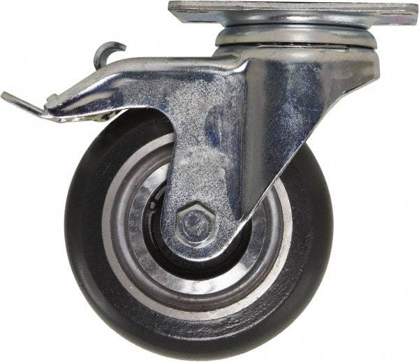Caster Connection - 4" Diam x 1-1/4" Wide x 5-1/8" OAH Top Plate Mount Swivel Caster with Brake - Polyurethane, 400 Lb Capacity, Sealed Precision Ball Bearing, 2-3/8 x 3-5/8" Plate - USA Tool & Supply